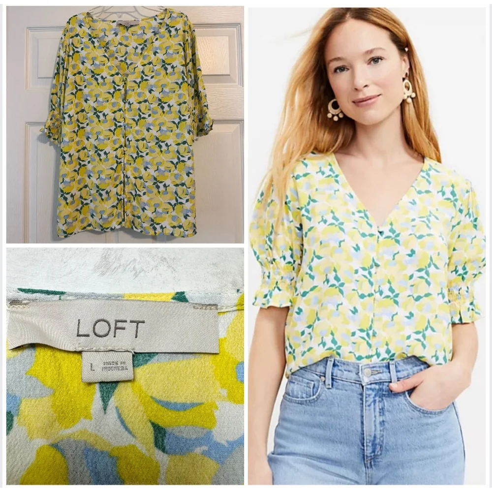 Loft Yellow Blue Floral V-Neck Button Front Blouse Size L